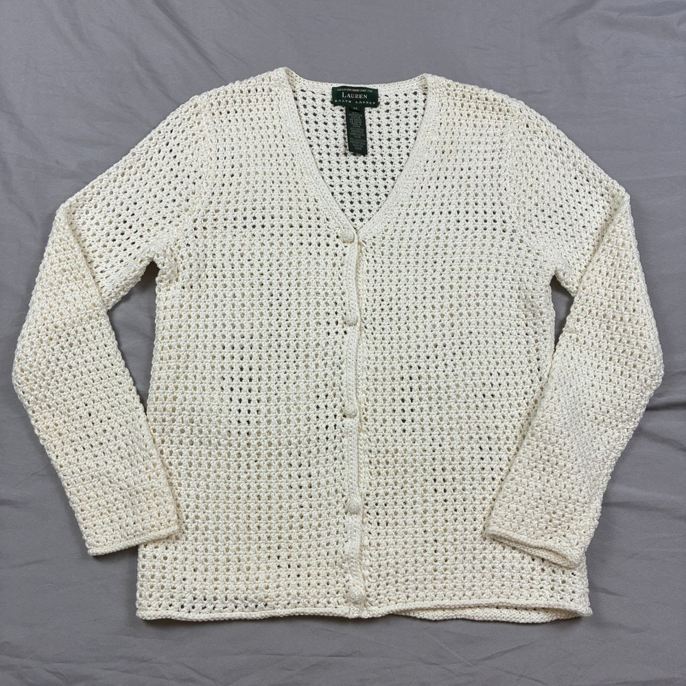 Lauren Ralph Lauren Crochet Cardigan Womens Medium Cream Hand Knit V-Neck Cotton